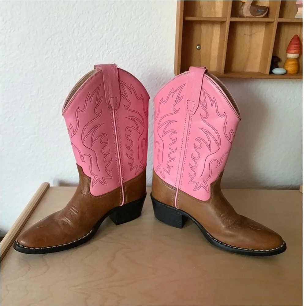 Old West Girls' Narrow J-Toe Western Boots Brown/Pink